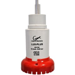Cylindrisk COMET Vattenpump med vit kropp, röd botten; 19 l/min, 12V DC, 0,85 bar tryck.